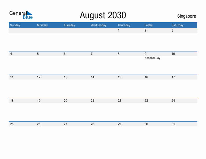 Fillable August 2030 Calendar