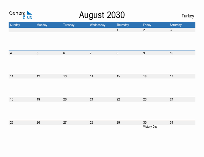 Fillable August 2030 Calendar