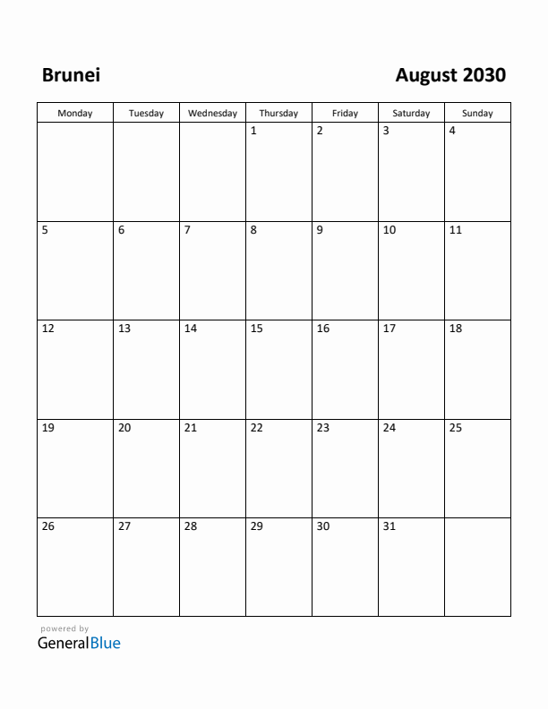 August 2030 Calendar with Brunei Holidays