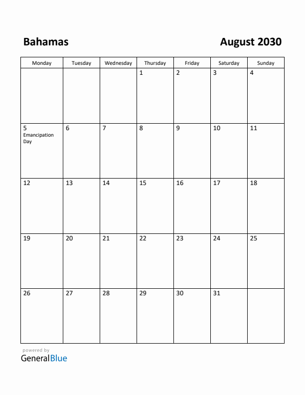 August 2030 Calendar with Bahamas Holidays