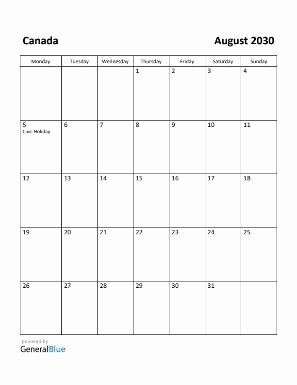 August 2030 Calendar with Canada Holidays