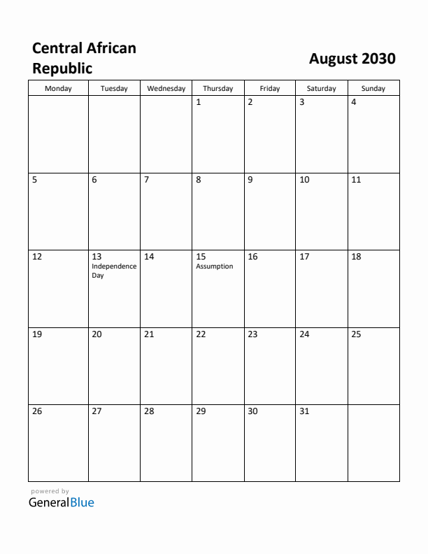 August 2030 Calendar with Central African Republic Holidays