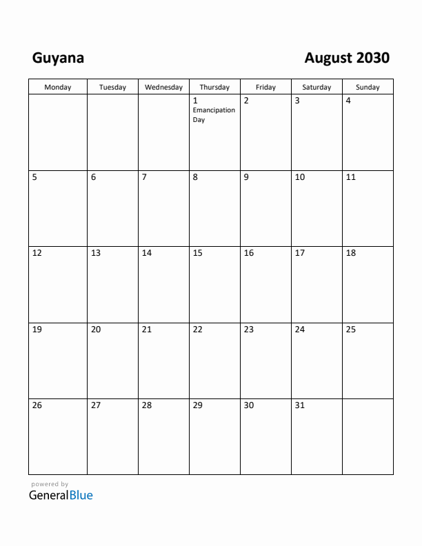 August 2030 Calendar with Guyana Holidays