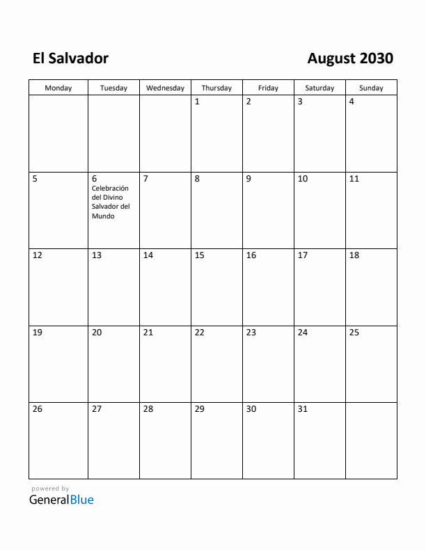 August 2030 Calendar with El Salvador Holidays