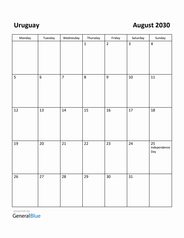 August 2030 Calendar with Uruguay Holidays