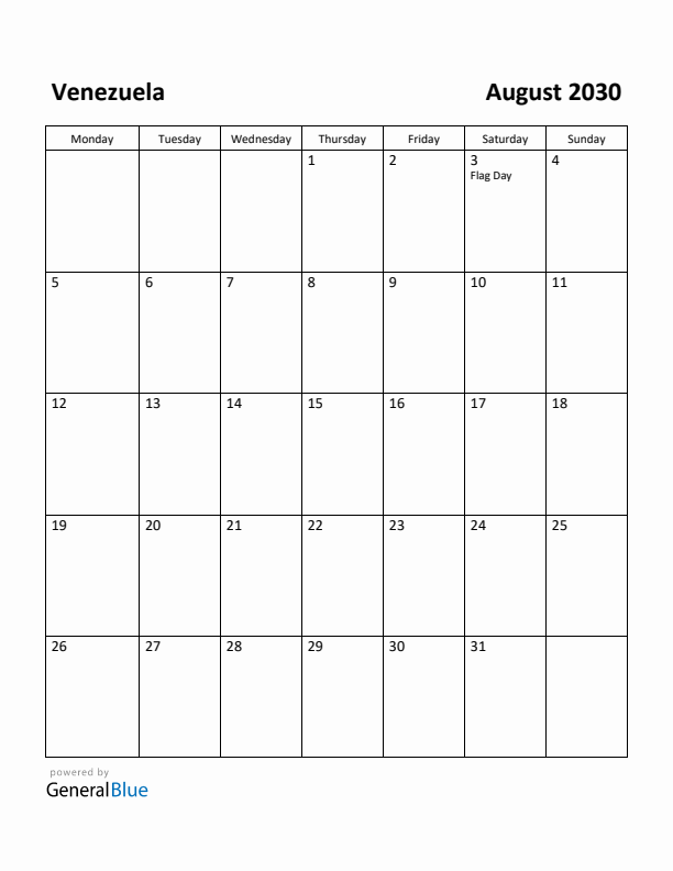 August 2030 Calendar with Venezuela Holidays