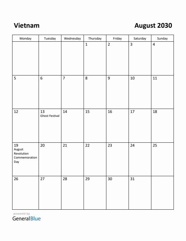 August 2030 Calendar with Vietnam Holidays