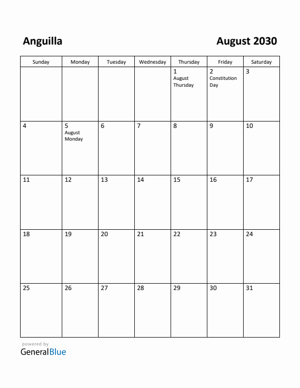 August 2030 Calendar with Anguilla Holidays