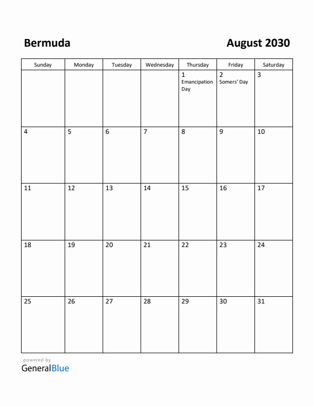 August 2030 Calendar with Bermuda Holidays