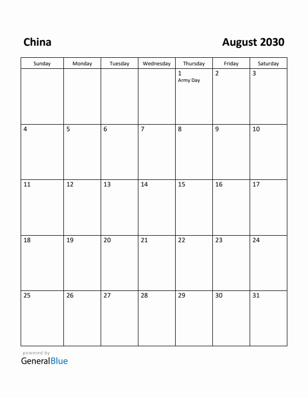 August 2030 Calendar with China Holidays
