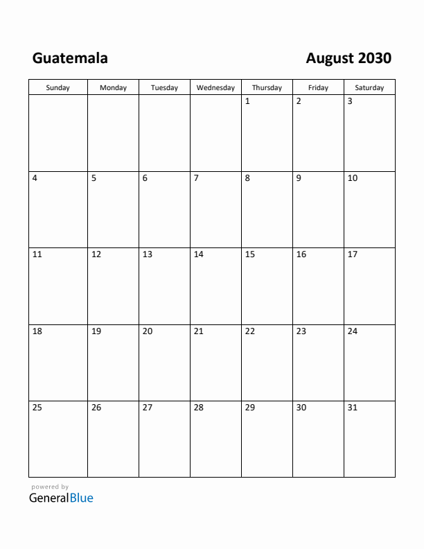 August 2030 Calendar with Guatemala Holidays