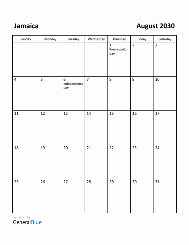 August 2030 Calendar with Jamaica Holidays