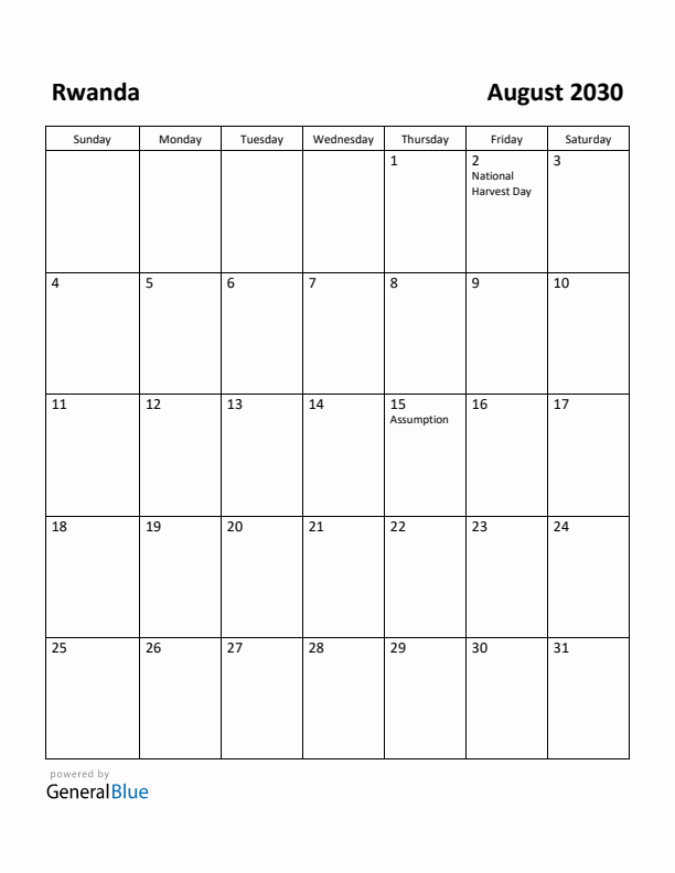 August 2030 Calendar with Rwanda Holidays