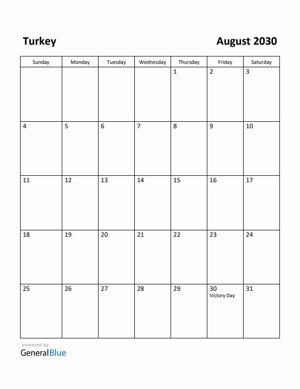 August 2030 Calendar with Turkey Holidays