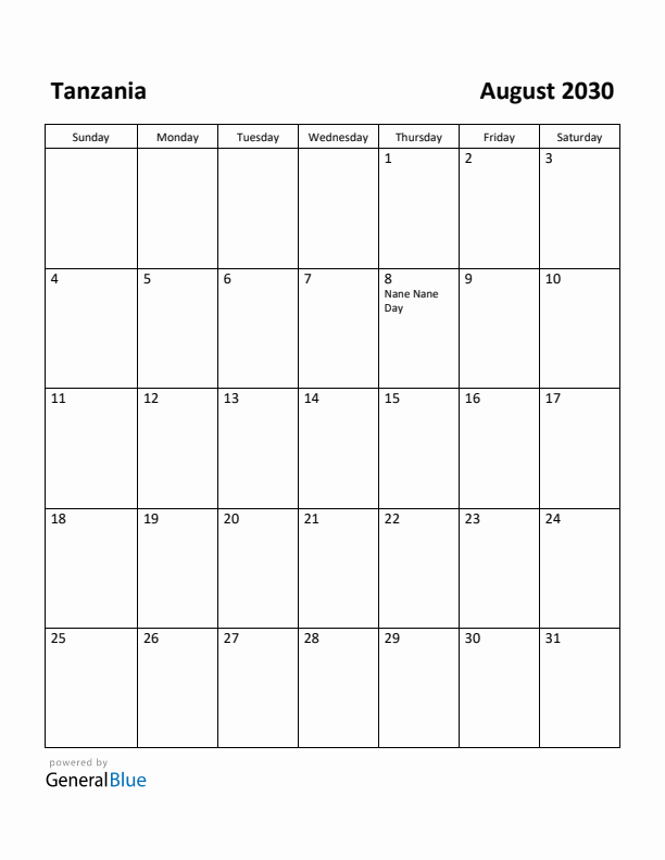 August 2030 Calendar with Tanzania Holidays