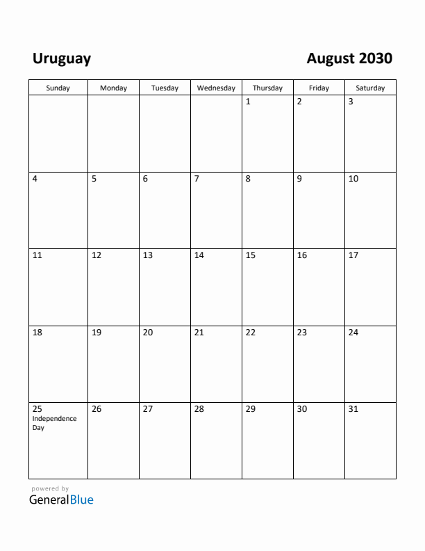 August 2030 Calendar with Uruguay Holidays