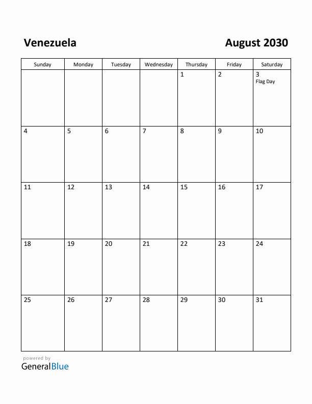 August 2030 Calendar with Venezuela Holidays