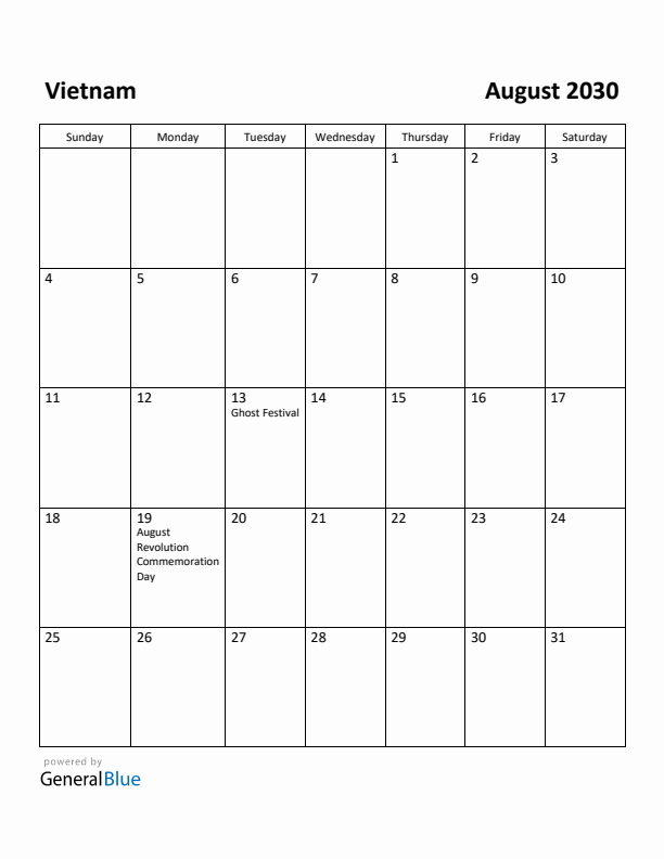 August 2030 Calendar with Vietnam Holidays