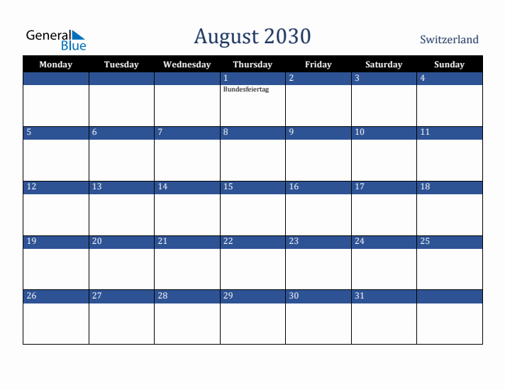 August 2030 Switzerland Calendar (Monday Start)