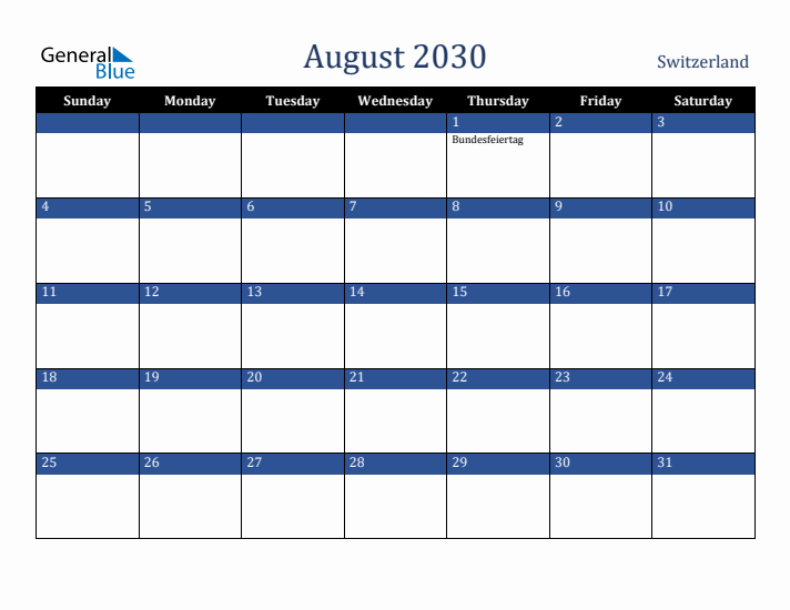 August 2030 Switzerland Calendar (Sunday Start)