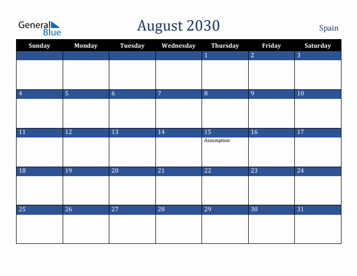 August 2030 Spain Calendar (Sunday Start)