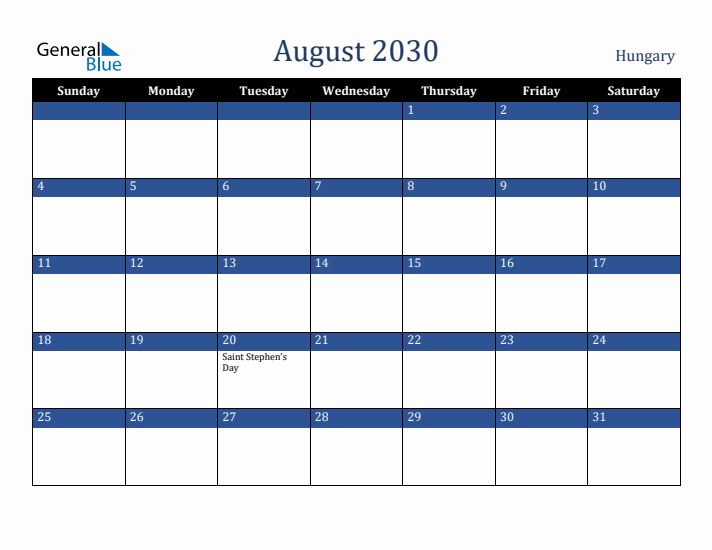 August 2030 Hungary Calendar (Sunday Start)