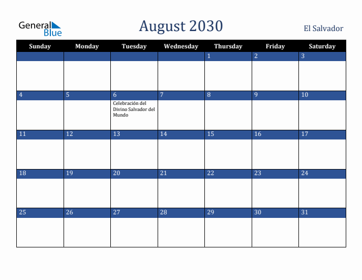 August 2030 El Salvador Calendar (Sunday Start)