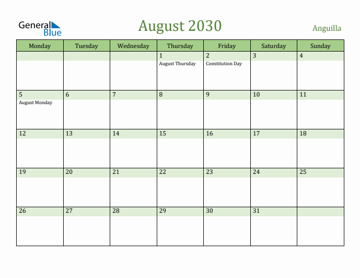 August 2030 Calendar with Anguilla Holidays