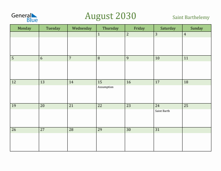 August 2030 Calendar with Saint Barthelemy Holidays