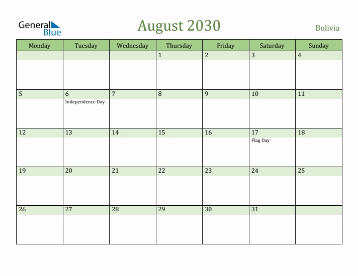 August 2030 Calendar with Bolivia Holidays