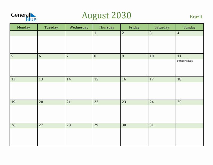 August 2030 Calendar with Brazil Holidays