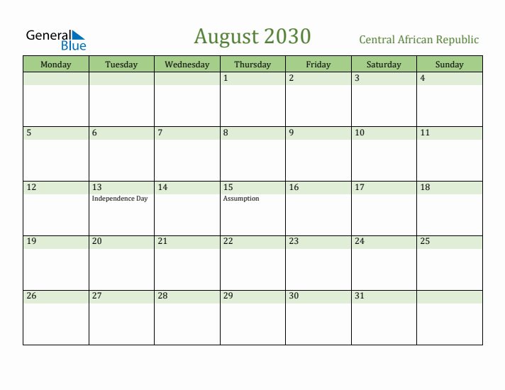 August 2030 Calendar with Central African Republic Holidays