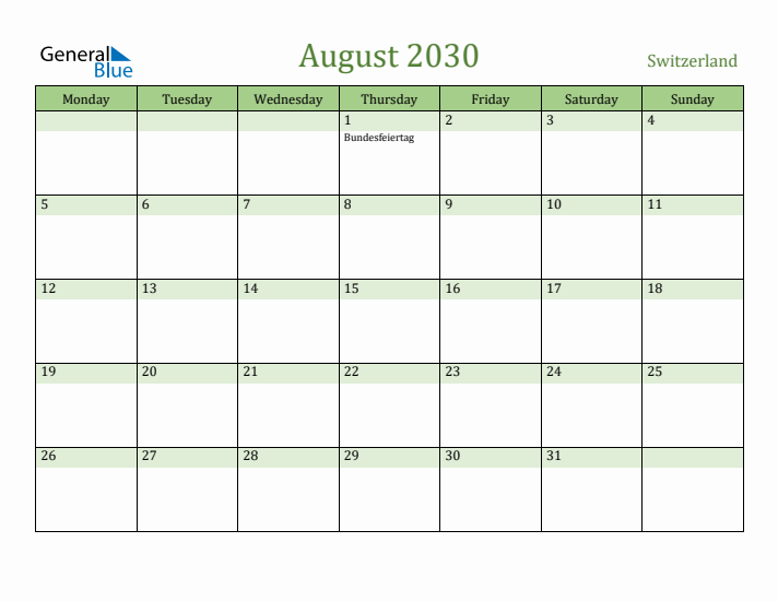 August 2030 Calendar with Switzerland Holidays