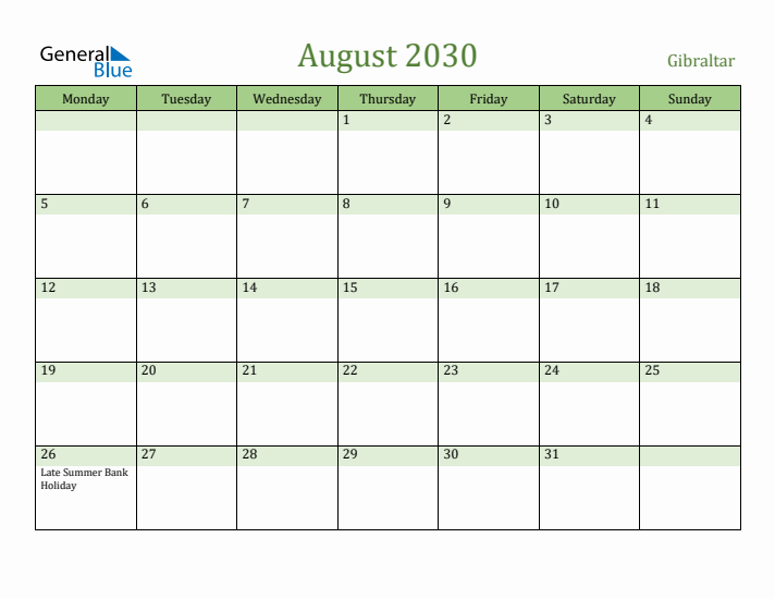 August 2030 Calendar with Gibraltar Holidays