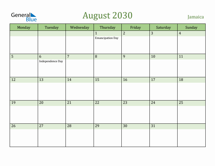 August 2030 Calendar with Jamaica Holidays