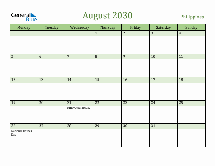 August 2030 Calendar with Philippines Holidays