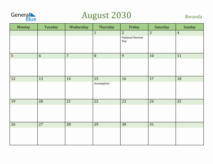 August 2030 Calendar with Rwanda Holidays