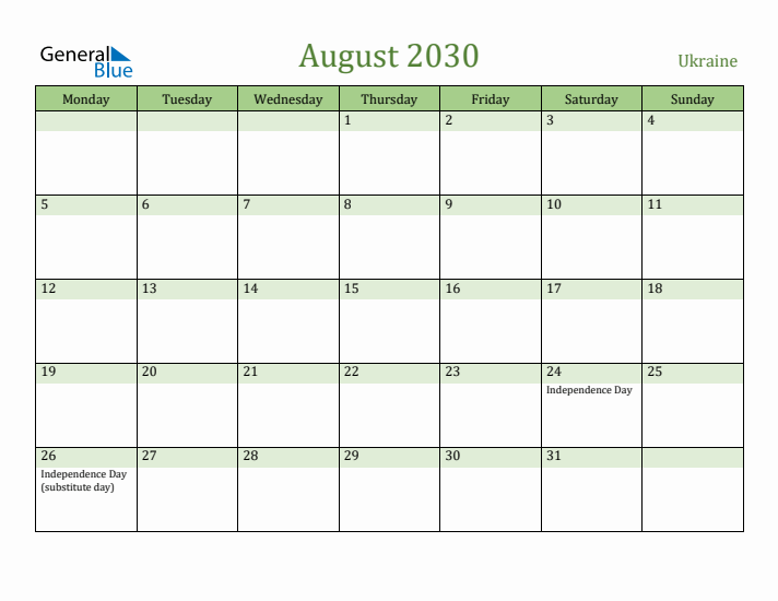 August 2030 Calendar with Ukraine Holidays