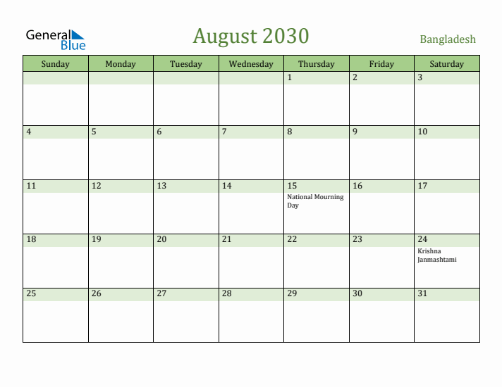 August 2030 Calendar with Bangladesh Holidays