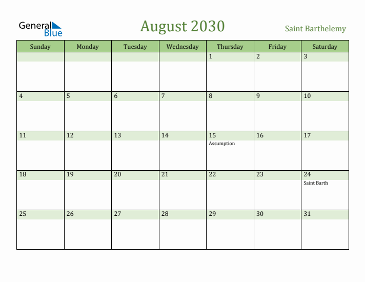 August 2030 Calendar with Saint Barthelemy Holidays