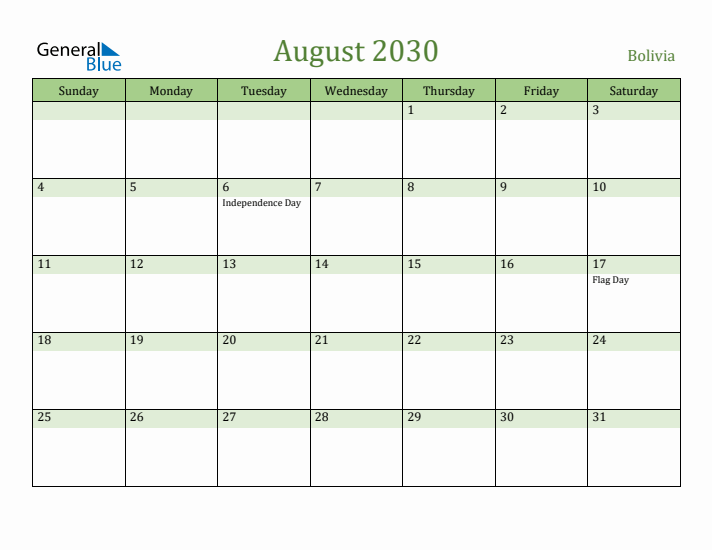 August 2030 Calendar with Bolivia Holidays