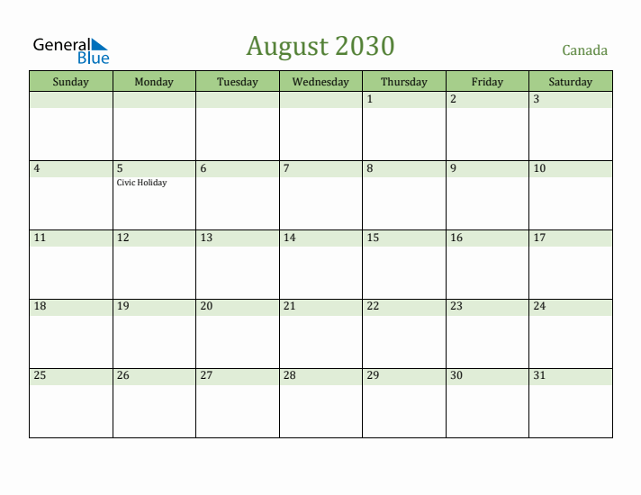 August 2030 Calendar with Canada Holidays