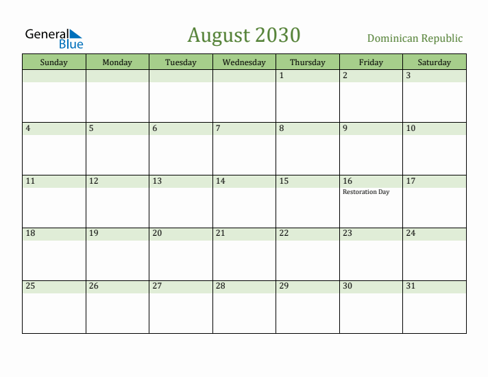 August 2030 Calendar with Dominican Republic Holidays