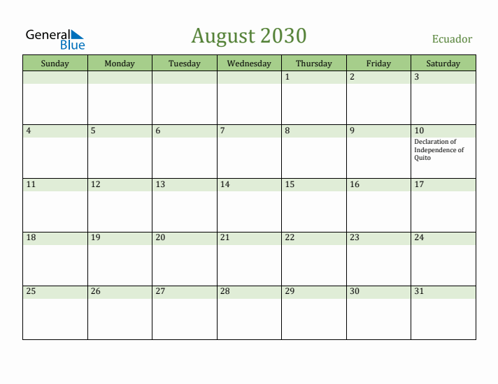 August 2030 Calendar with Ecuador Holidays