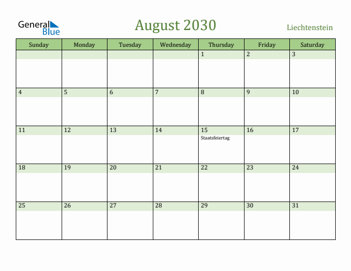 August 2030 Calendar with Liechtenstein Holidays