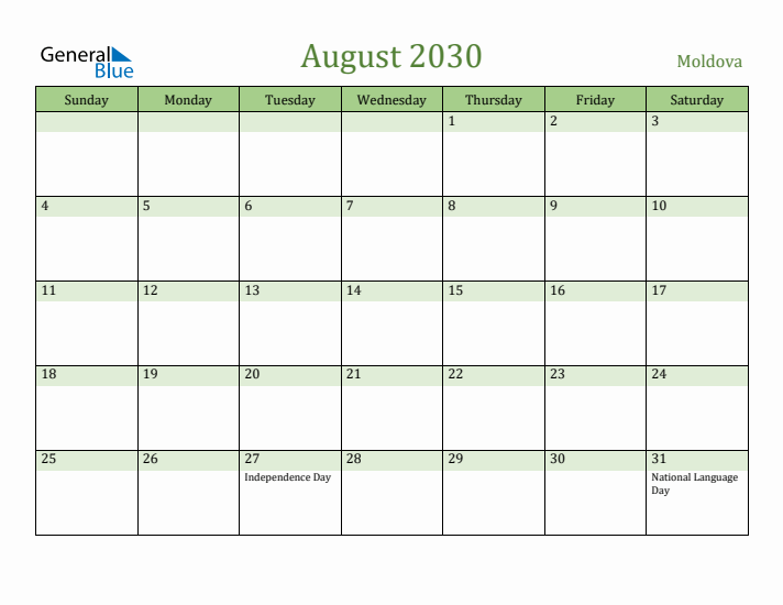 August 2030 Calendar with Moldova Holidays