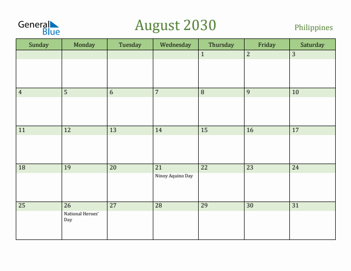 August 2030 Calendar with Philippines Holidays