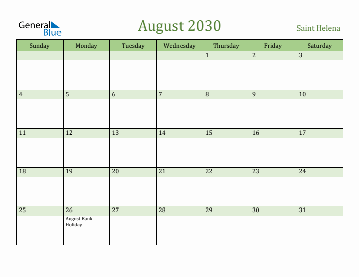 August 2030 Calendar with Saint Helena Holidays