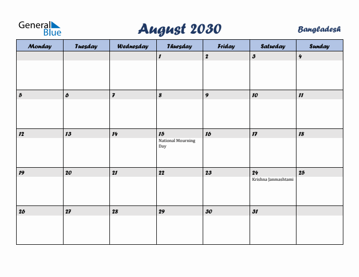 August 2030 Calendar with Holidays in Bangladesh