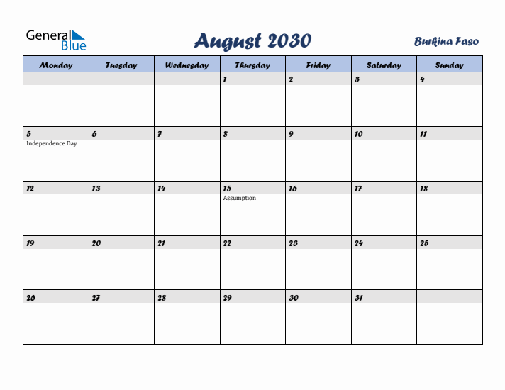 August 2030 Calendar with Holidays in Burkina Faso